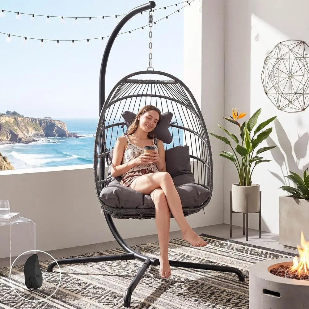 

oldable Swing Egg Chair with Stand and Water-Resistant Cover, Outdoor Wicker Hanging Hammock Chair with Cushion, 350Lbs Heavy Du
