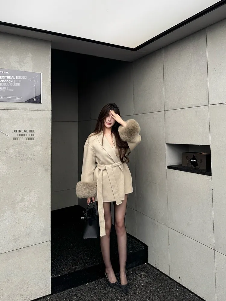 

M900 Women's Woolen Coat Fur Cuff Mid-Length Ele Winter Outerwear Loose Sle Pure E-commerce Exclusive Spring