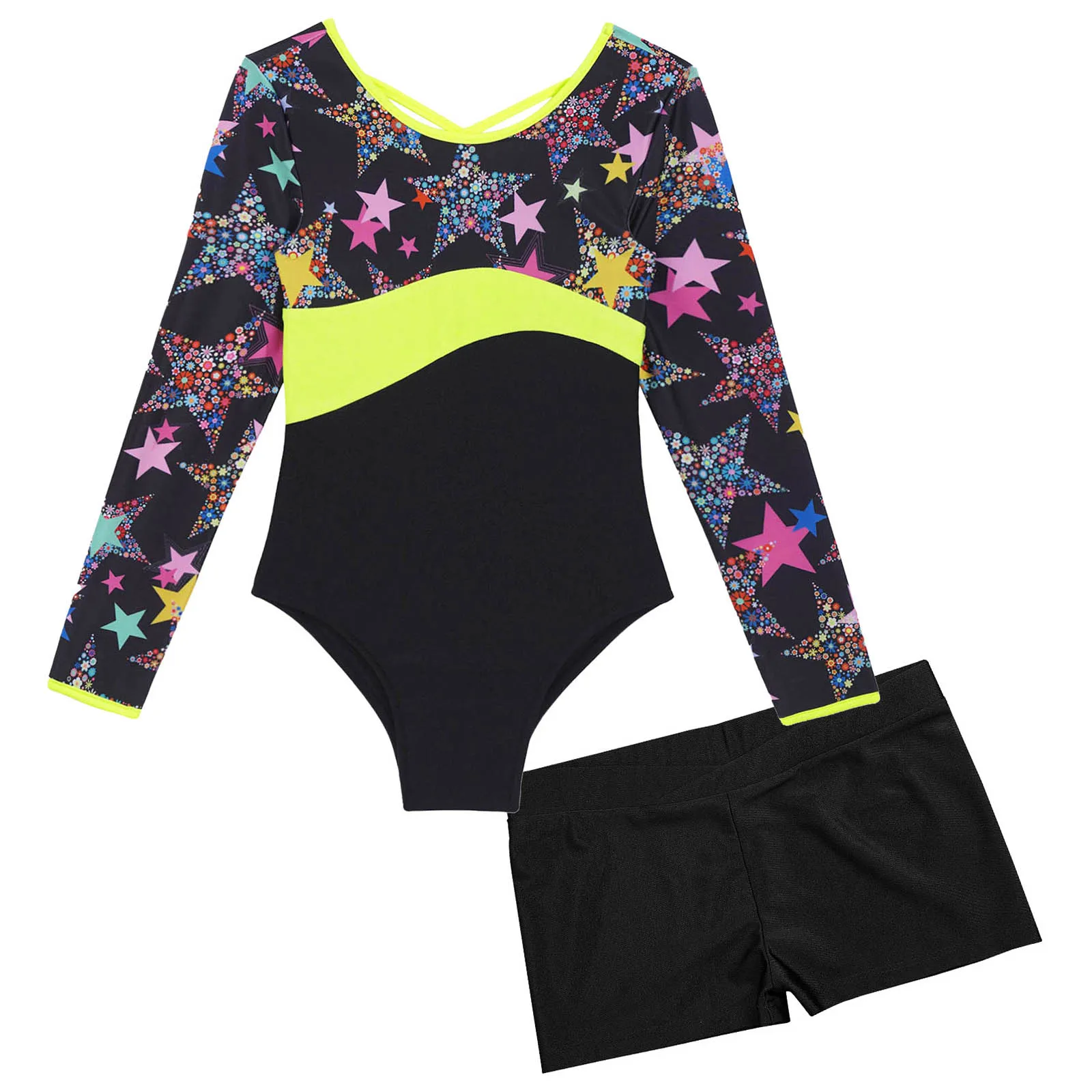 Children Girls Ballet Dance Gymnastic Leotard Dancewear Long Sleeve Print Bodysuit with Shorts Yoga Workout Sportswear Swimwear