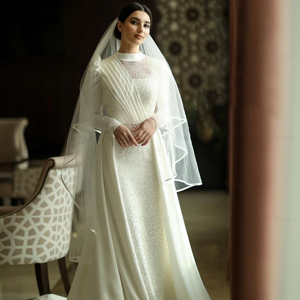 Muslim Retro High Collar A-line Wedding Dresses Ruffle Paillette Lace Full Brush Train Floor Length Bride Dress robe de mariée