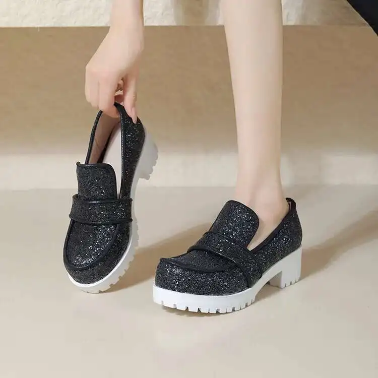 

Black Sequins Slip On Shoes Chunky Heels Women Loafers Shoes
