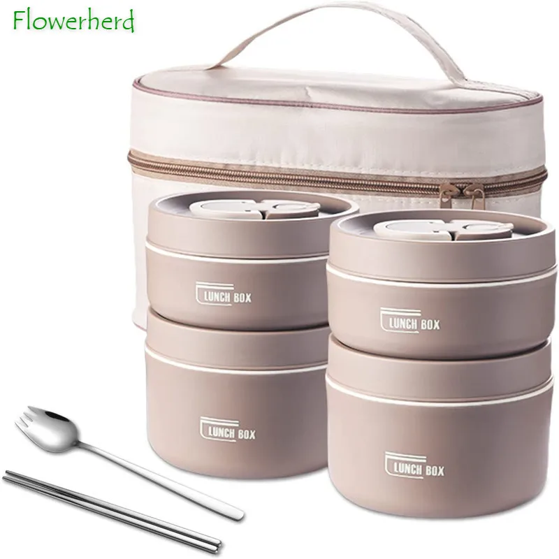 Portable Insulated Lunch Container Set Stackable Bento Lunch Box Stainless Steel Lunch Container with Lunch Bag 4/3/2/1 Tier