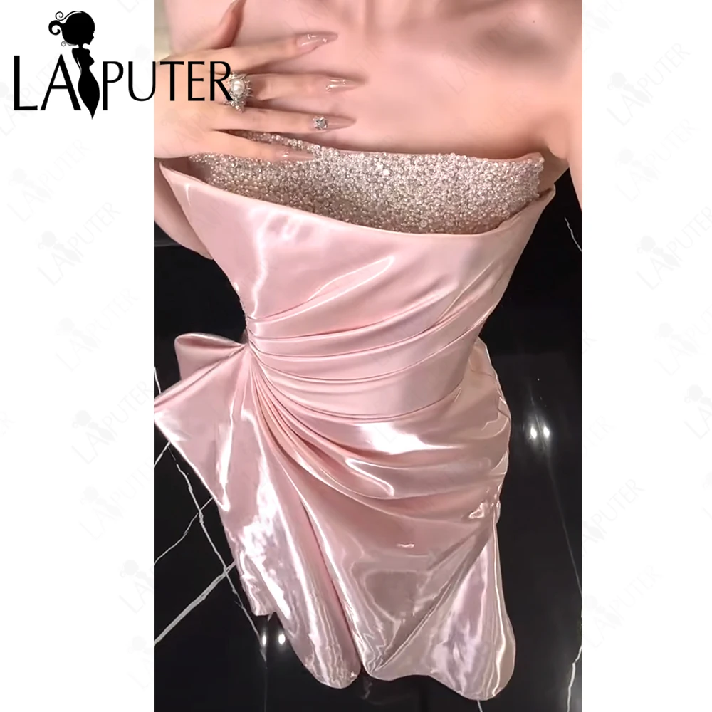 Shiny Organza Pink Prom Dresses Pearls Beaded Strapless Neck Evening Gown Off Shoulder Ruched Celebrity Dress New