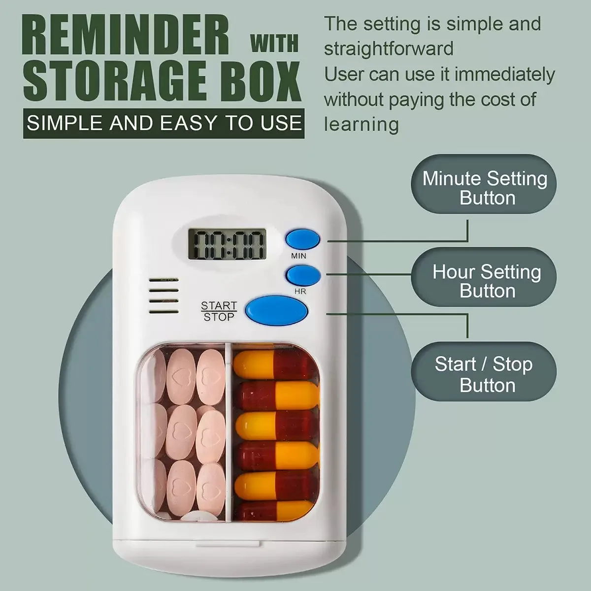 Mini Portable Electronic Intelligent Medicine Box, Transparent Two-compartment Design Pill Box, with Timing Reminder and Alarm view 2