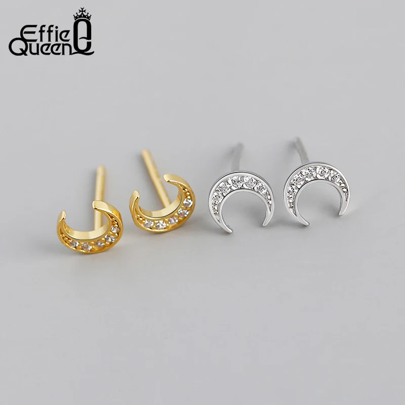 Effie Queen Handmade 14K Gold 925 Sterling Silver Moon Stud Earrings With AAAA Round Cubic Zirconia Accessory For Ear Gift APE29