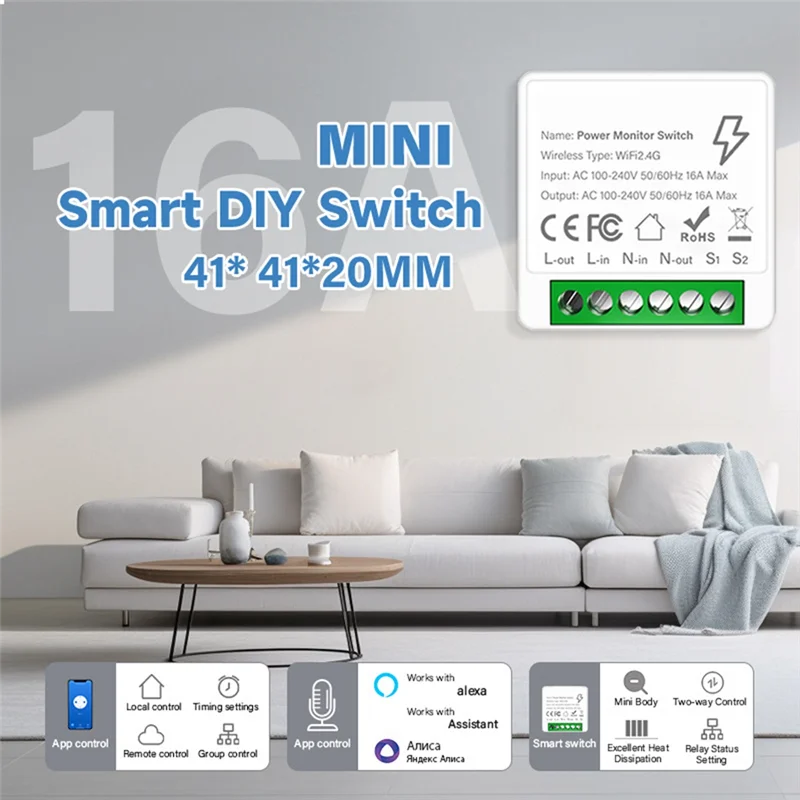 

-WSFS Tuya Wifi Smart Switch Module 16A With Power Monitor Support 2Way Control Smart Home DIY Breaker For Alexa Google Alice