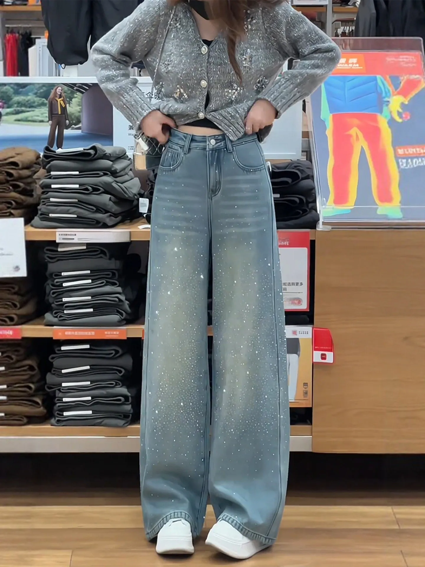 

American Style High Waist Wide Leg Jeans Women's Spring New plus Size Star Rhinestone Straight Cut Slimming Denim Pants