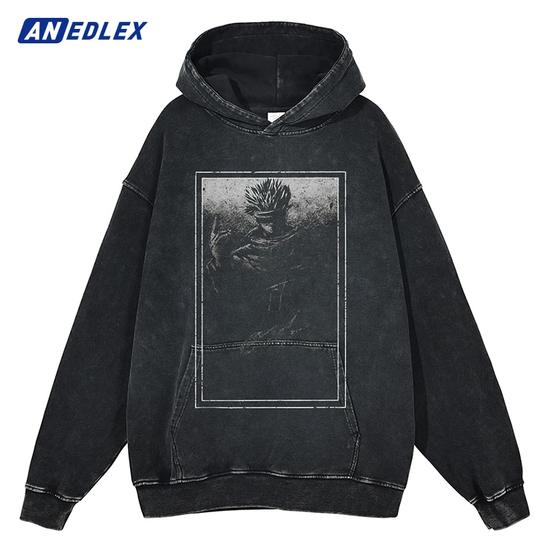 Men Streetwear Vintage Black Hoodie Sweatshirt Anime Graphic Washed Hoodie Hip Hop Harajuku Winter Cotton Hooded Pullover