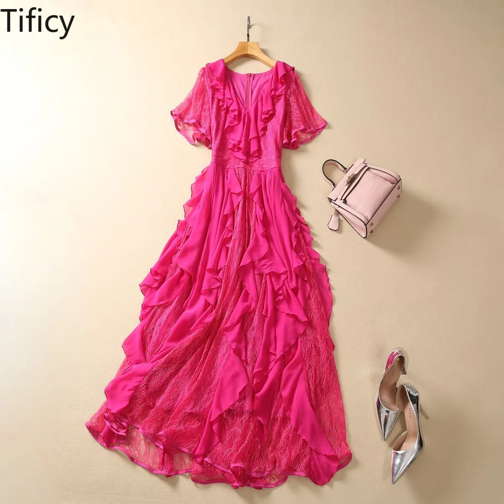 

TIFICY 2024 Summer New Women's V-neck Short Sleeved Rose Red Lace and Ruffle Edge Waist Closing Banquet Dress