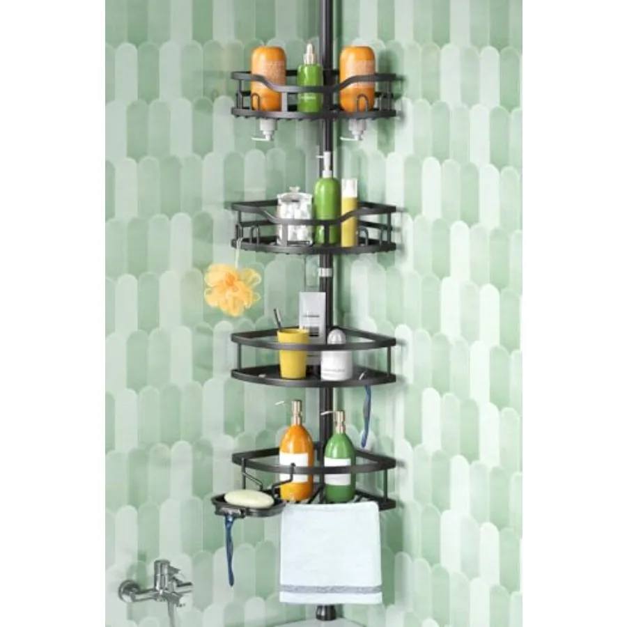 

Угловая полка для душа на телескопической штанге: Нержавеющая, устойчивая, 4-ярусная полка-органайзер для ванной комнаты для хранения шампуня и средств для ванны - 47-121 дюйм