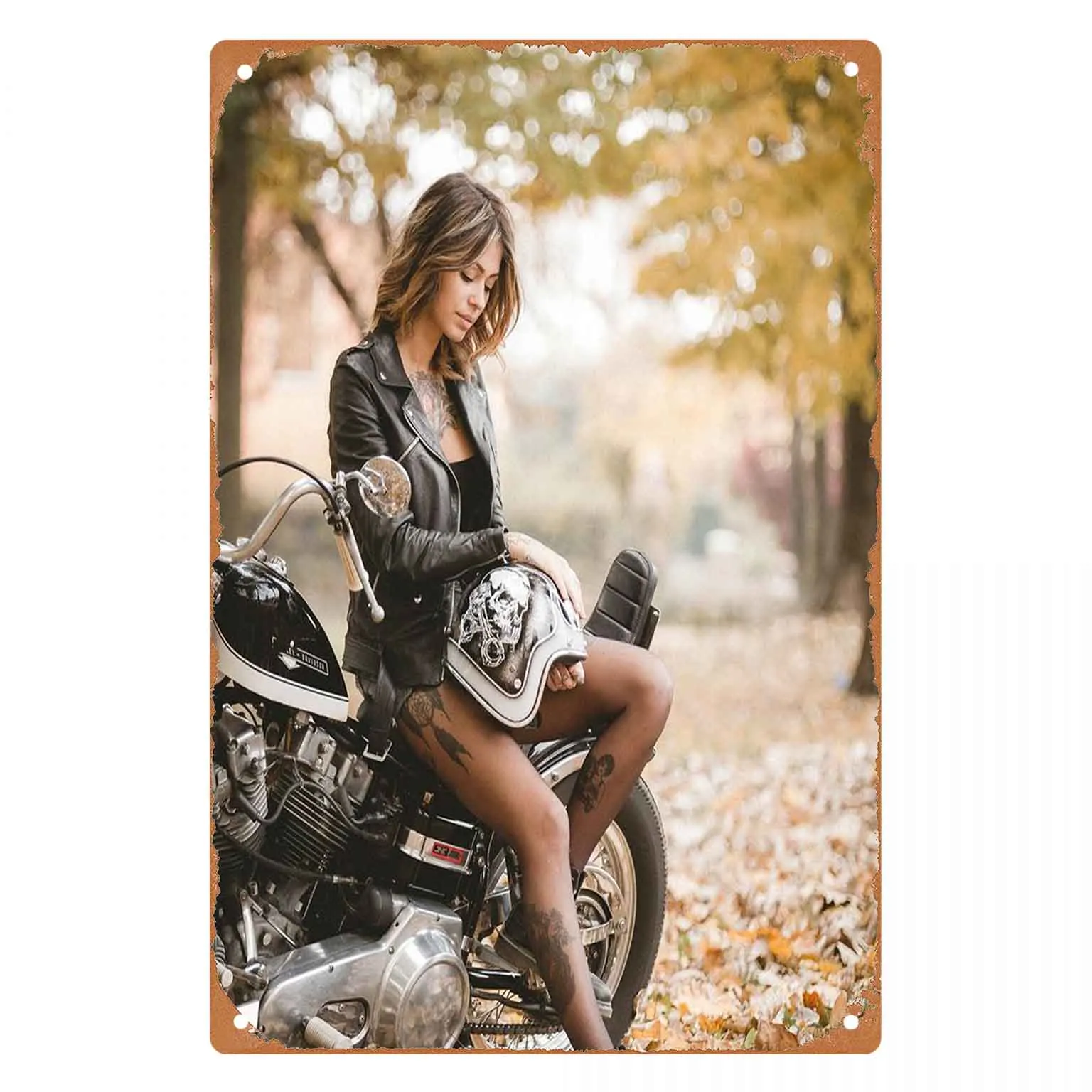 Fashion Girl Leaning on Her Custom Motorbike Vintage Metal Wall Sign Decor