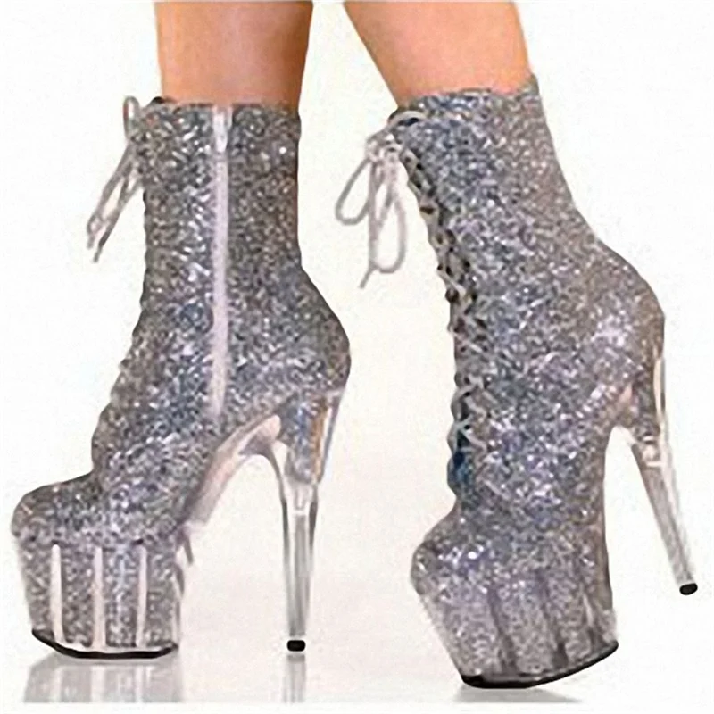 

​15CM Glitter Ankle Boots Silver, Sequin Lace-Up Stiletto Heels with Clear Sole, Sparkly Party Shoes for Women​