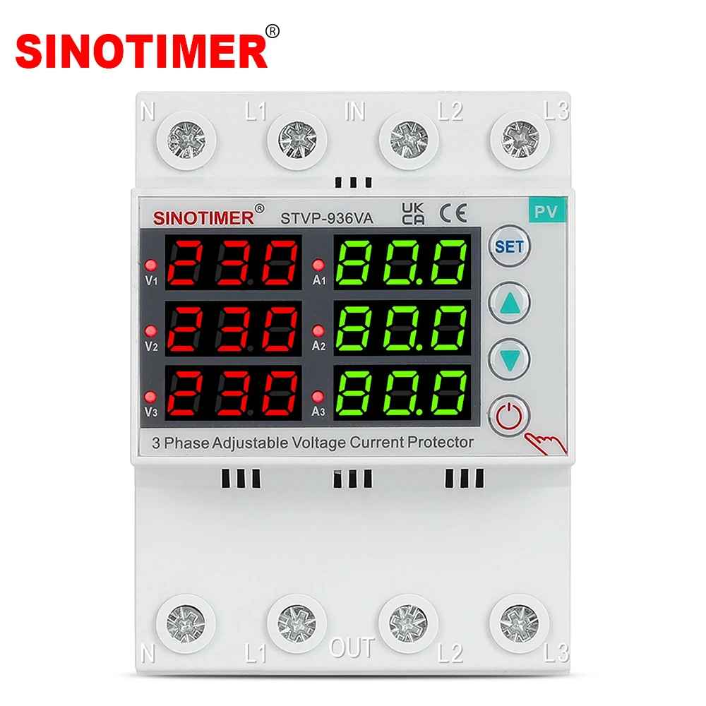 

3 Phase Adjustable Over Under Voltage Protector Auto Reset & Current Limit LCD 6-digit Display Din Rail Voltage Protection Relay