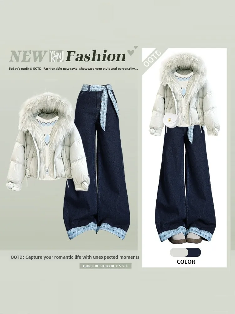 

Trendy Plaid Splicing Denim Jaet Women's Hat Matching Youthful Blue Cotton Coat Sweater Tee-piece Set Winter High Waist