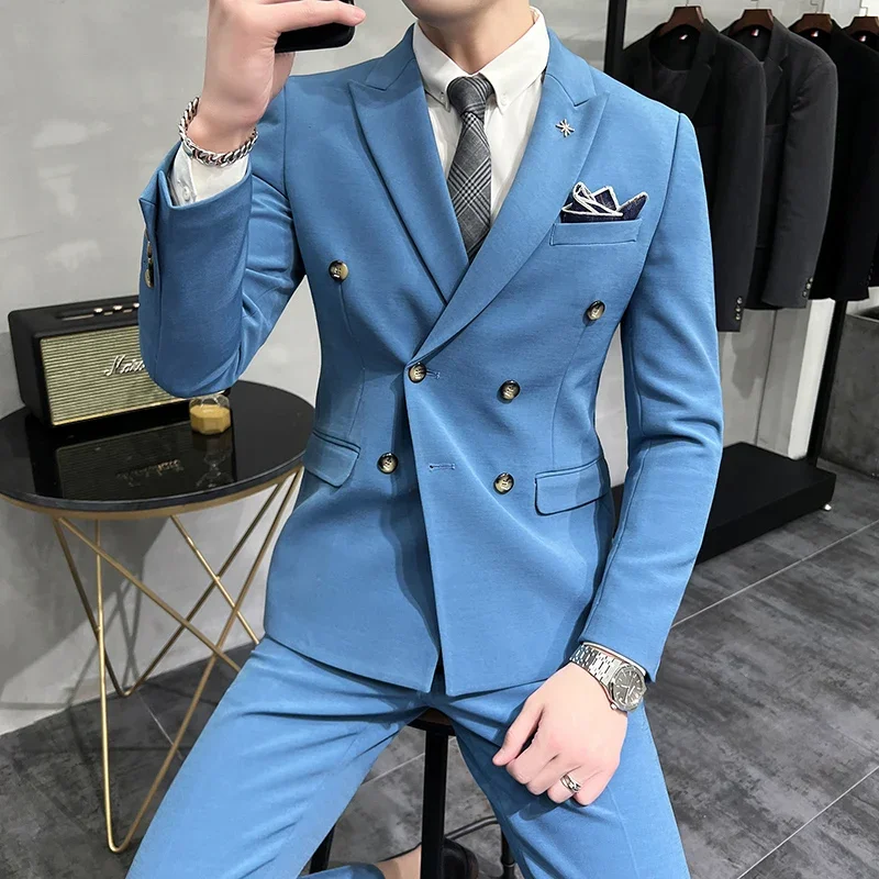 ( Jacket + Pants ) Brand Solid Color Formal Casual Business Office Double Buttons Suit Two-pcs Set Groom Wedding Dress Party