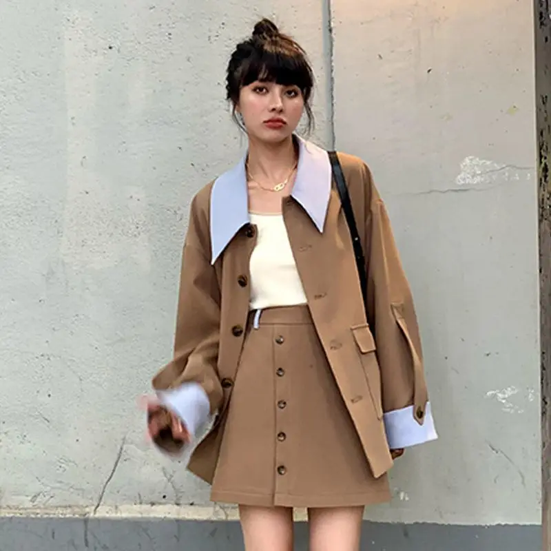 Spring Autumn Women 2pcs College Style Outfits Fashion Casual Long Sleeve Single Breasted Blazer Top and Button Mini Skirt Suits