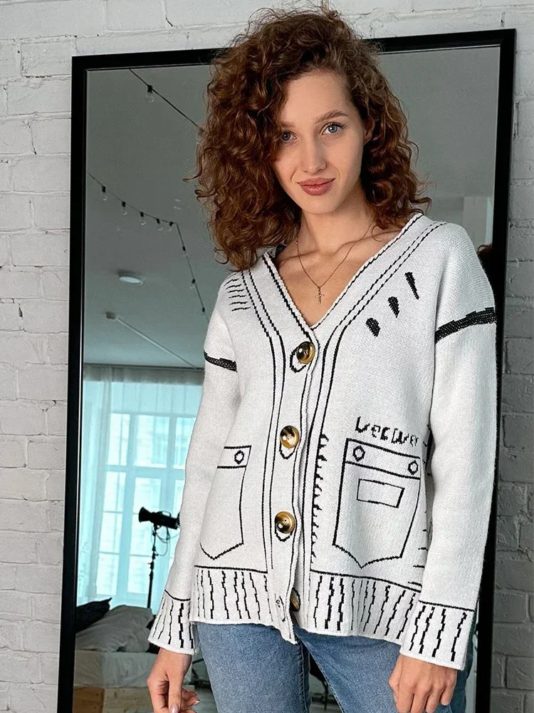 Knitted Cardigan Cartoon Print Sweaters for Women Coat 2024 Spring Autumn Clothes Female Fashion Loose Wild Thicken Kawaii Tops