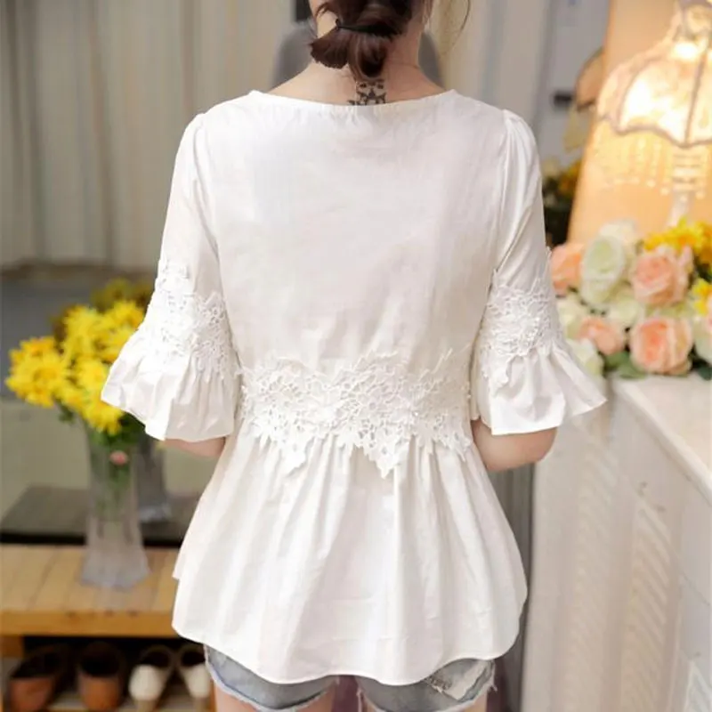 Women\'s Clothing Lace Patchwork Blouse Casual Round Neck 2023 Summer Flare Sleeve Korean Sweet Waist Solid Color All-match Shirt