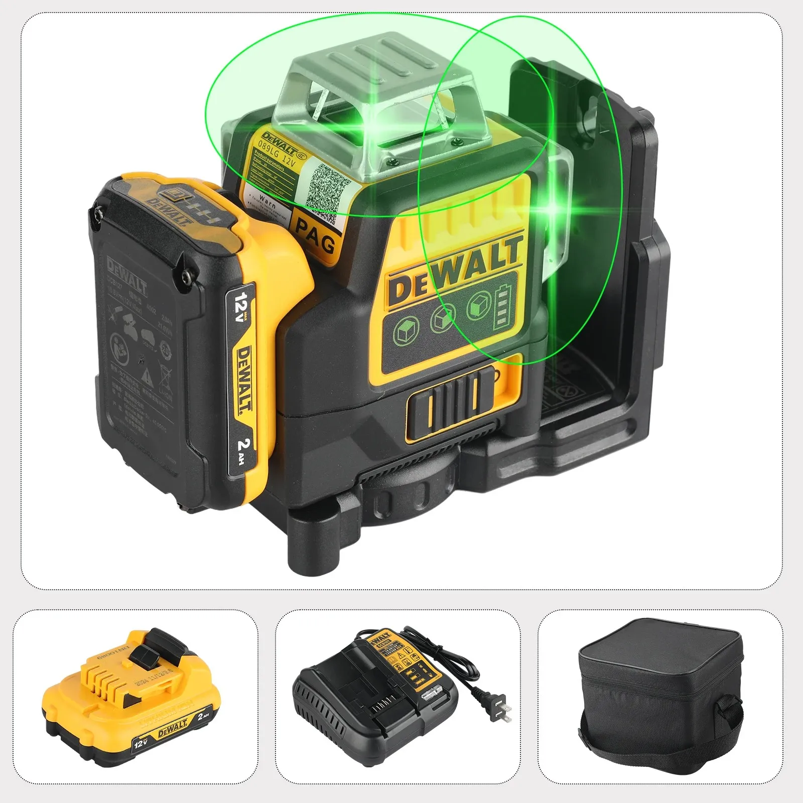 ديوالت DW089LG 3 جوانب * 360 12 خطوط مستوى الليزر أفقية الضوء الأخضر أداة متر درجة خارجية بطارية عمودية 12 فولت