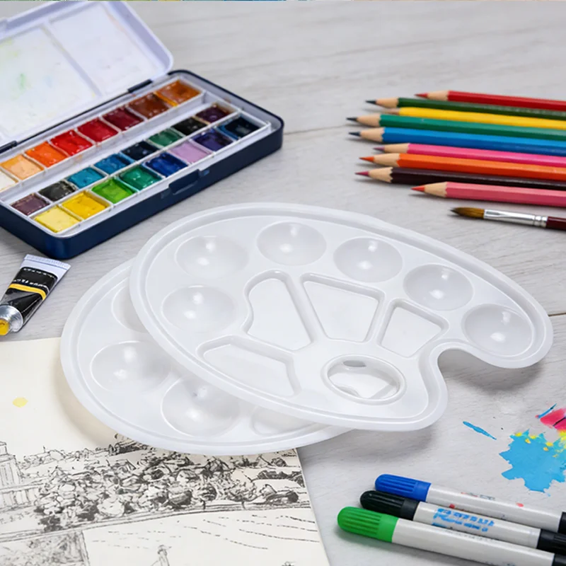 Large Oval 14-Well Plastic Paint Palette with Thumb Hole, Artist Mixing Tray for Watercolor Acrylic Oil, Art Supplies