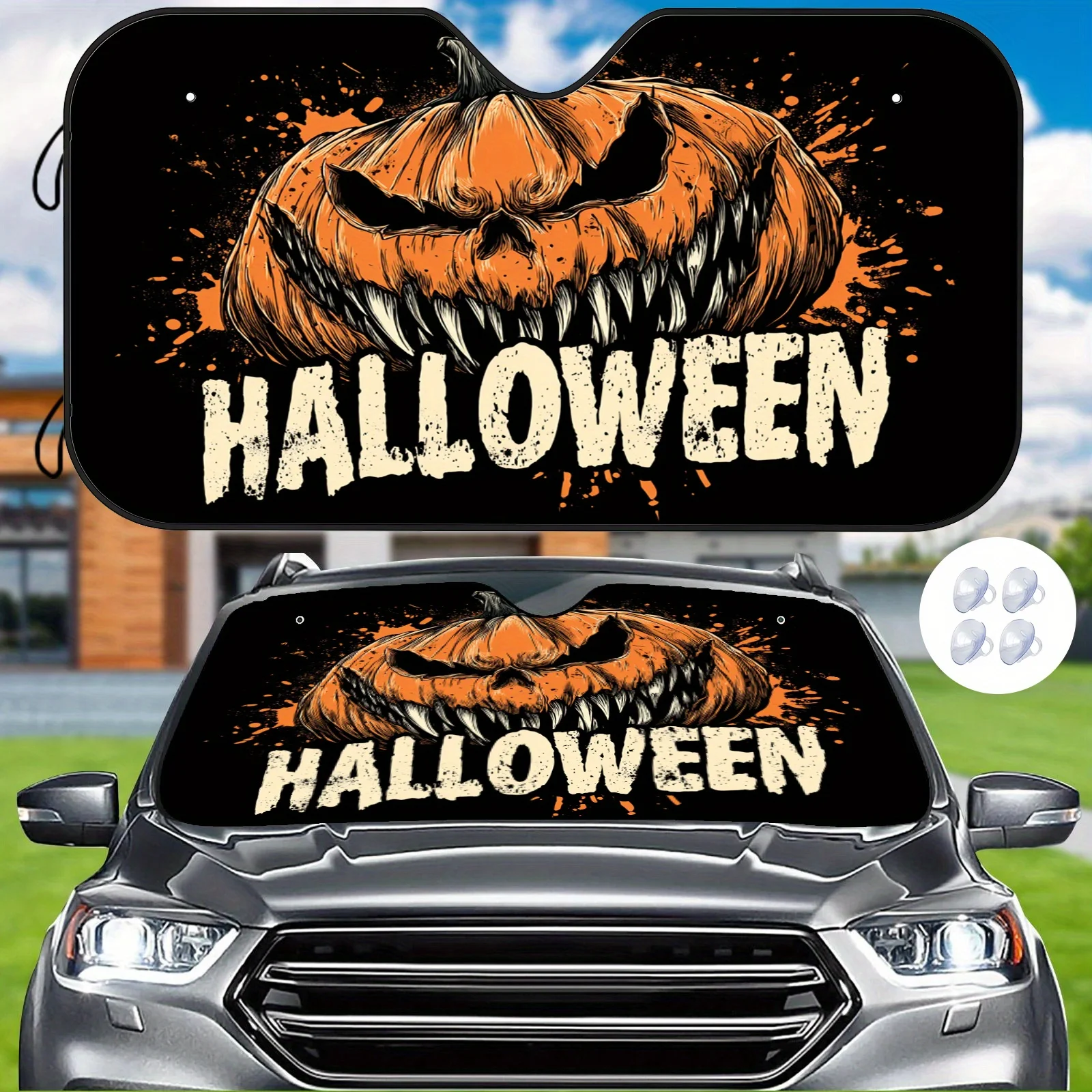 Halloween Pumpkin Car Sunshade, Featuring A Dark And Playful Design, Heat-insulating And Durable, Includes 4 Suction Cups For St