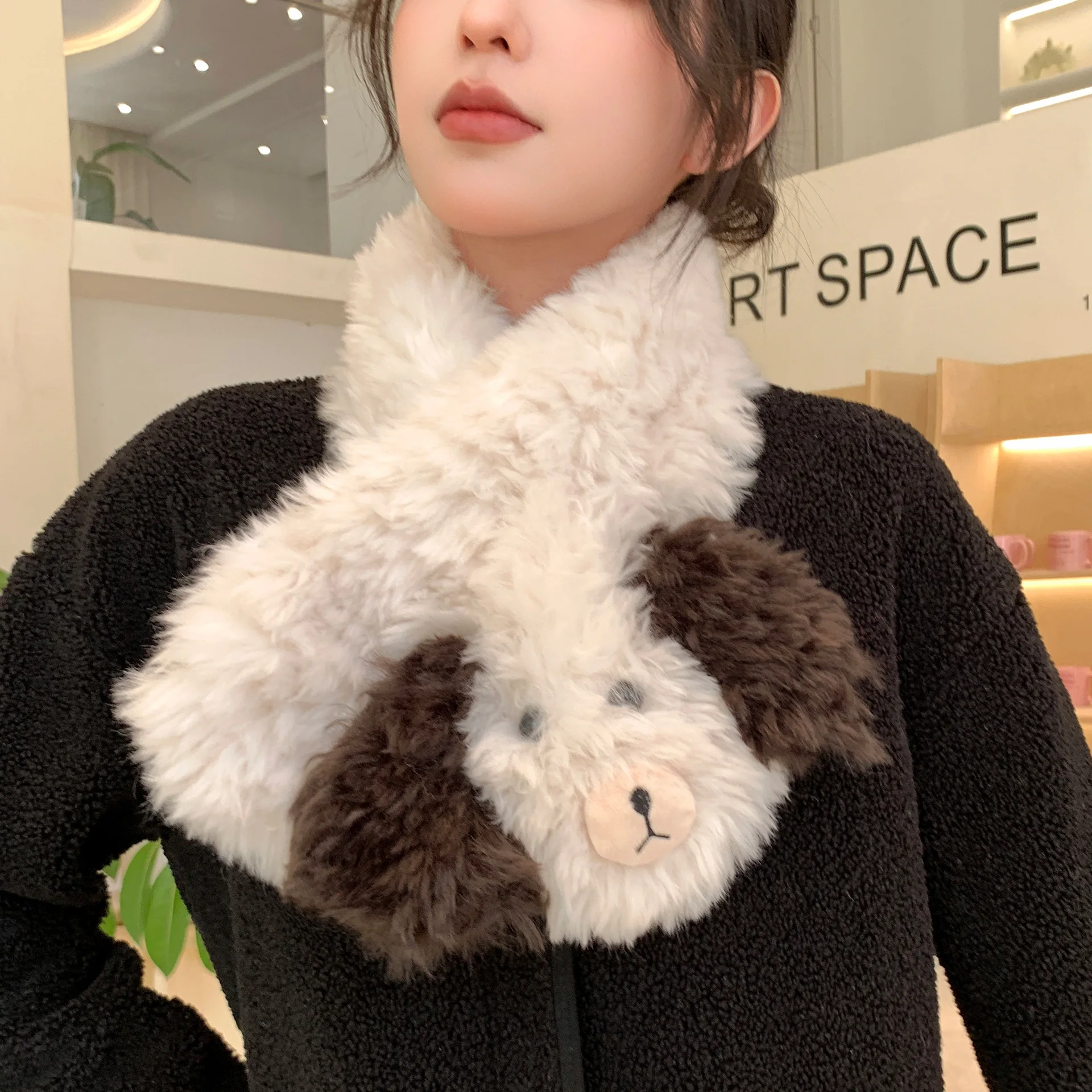 Women's Scarves Cute Korean Cartoon Dog Winter Thickened Plush Warm High Quality Scarf 3D Ear Kawaiii Funny Versatile Scarves