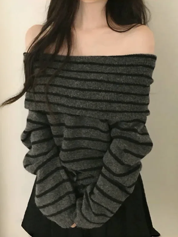 Korean Style Women's Knitted Sweater One-Shoulder Soft Cozy Overhead Long Sleeve Regular Fit Daily Wear Autumn Winter New Arr...