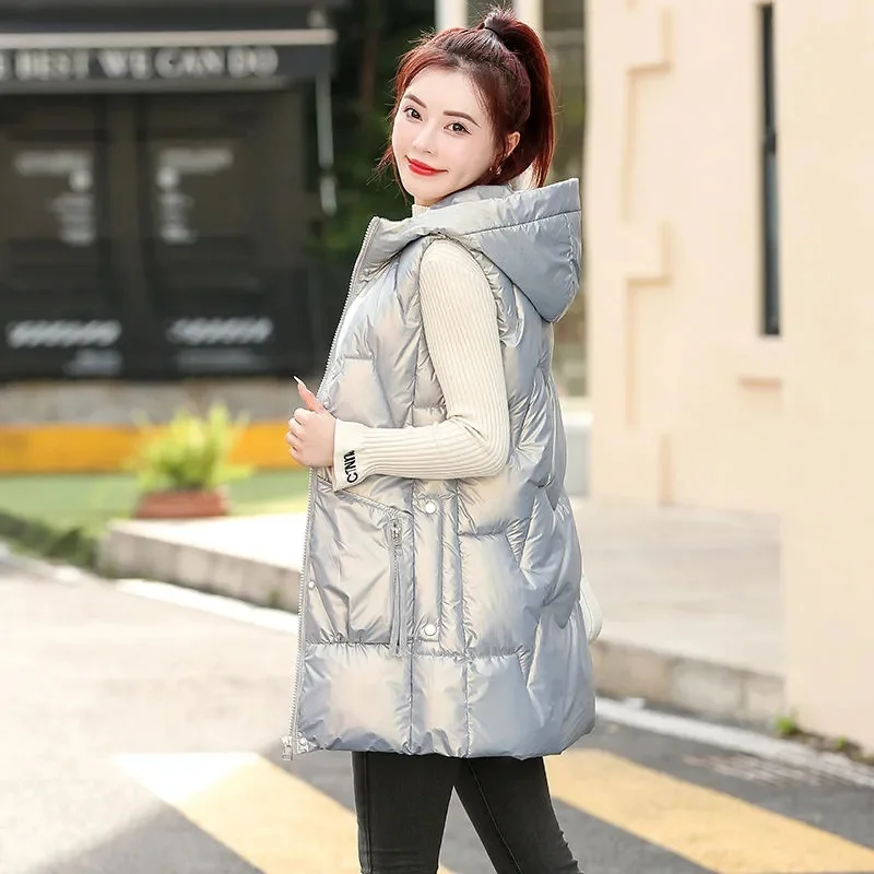 

New Winter Coat Women's Jacket Warm Gloss Down Cotton Tank Top Korean Sleeveless Long Outwear Parka Female Belt Jackets