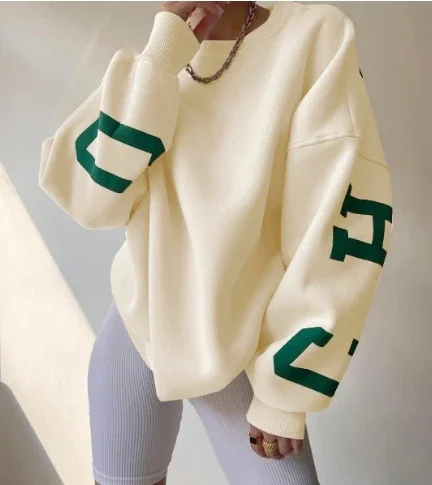 2025 الخريف الشتاء المرأة طويلة الأكمام فضفاضة تناسب هوديي البلوز أحدث الآيس كريم اللون المطبوعة سميكة تنوعا أعلى جولة الرقبة