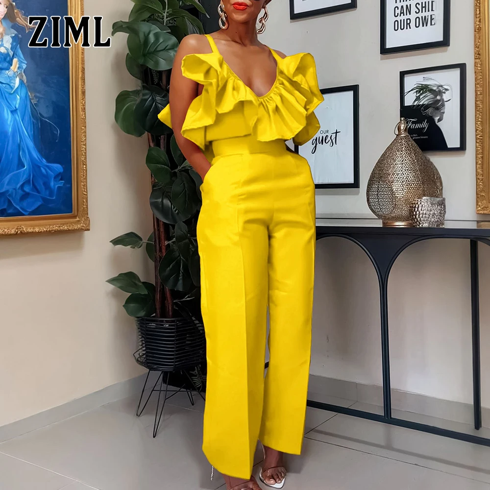 

ZIML Solid Chic Two Piece Sets for Women V Neck Sleeveless Short Tops High Waist Loose Long Pants Casual Minimalist Set Female