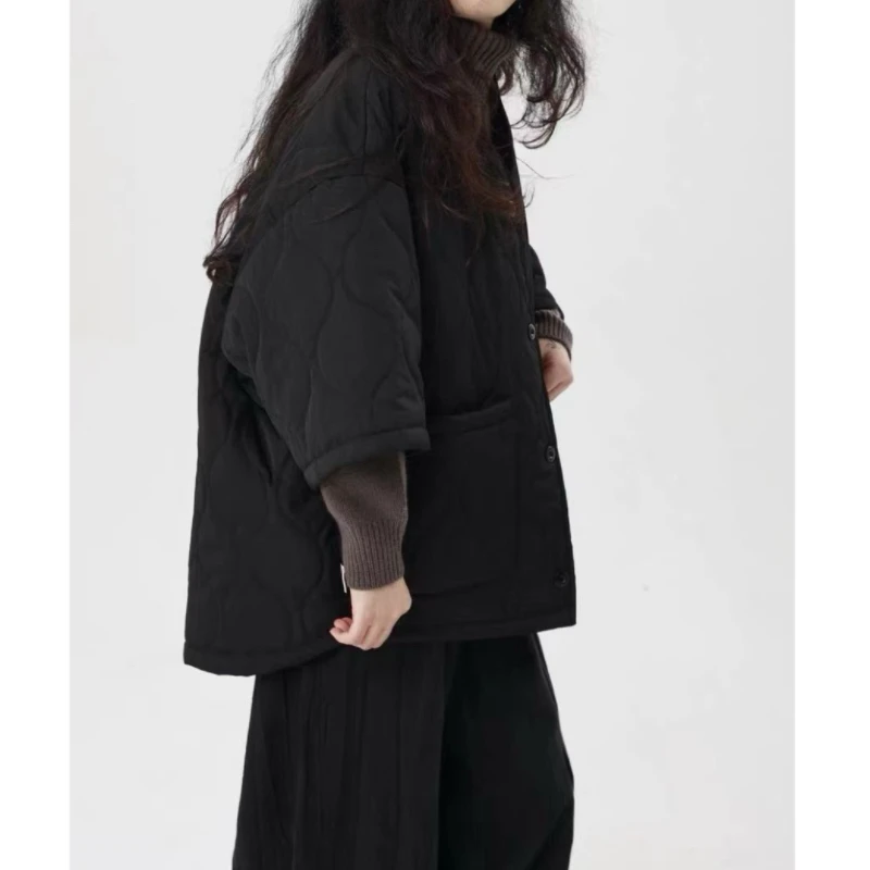 الخريف الشتاء القطن صدرية المرأة 2025 موضة جديدة فضفاضة معطف القطن عادية لون نقي نصف كم ملابس خارجية الإناث #4