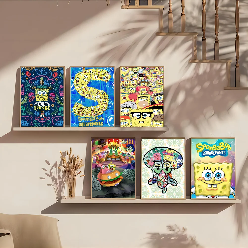 S-SpongeBobs SquarePants ملصقات كلاسيكية عتيقة ، لوحة زخرفية ، ورق كرافت أبيض ، فن حائط ، ديكور غرفة كاواي #2