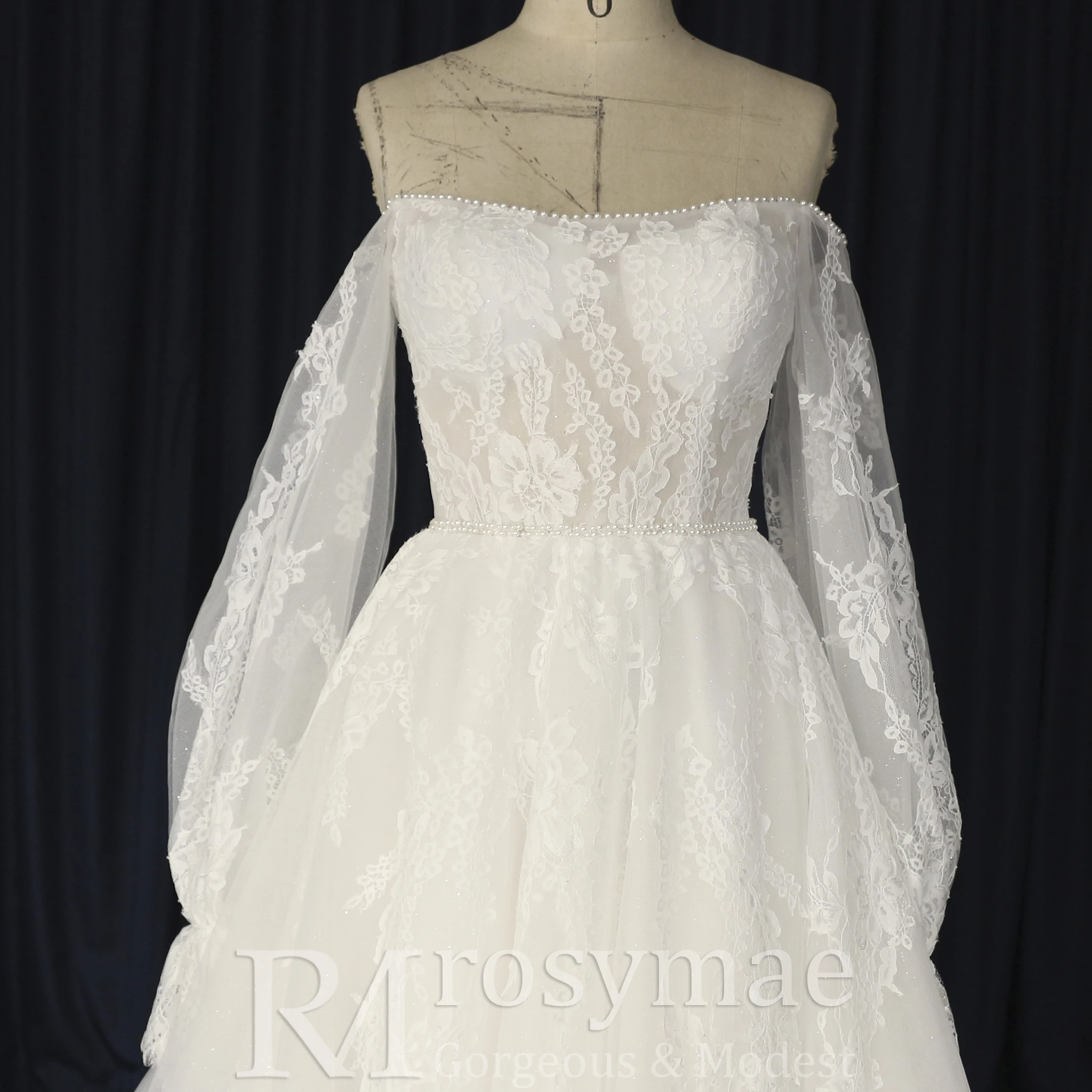 Rosymae off-the-shoulder gezwollen trouwjurk met lange mouwen, bruidsjurk