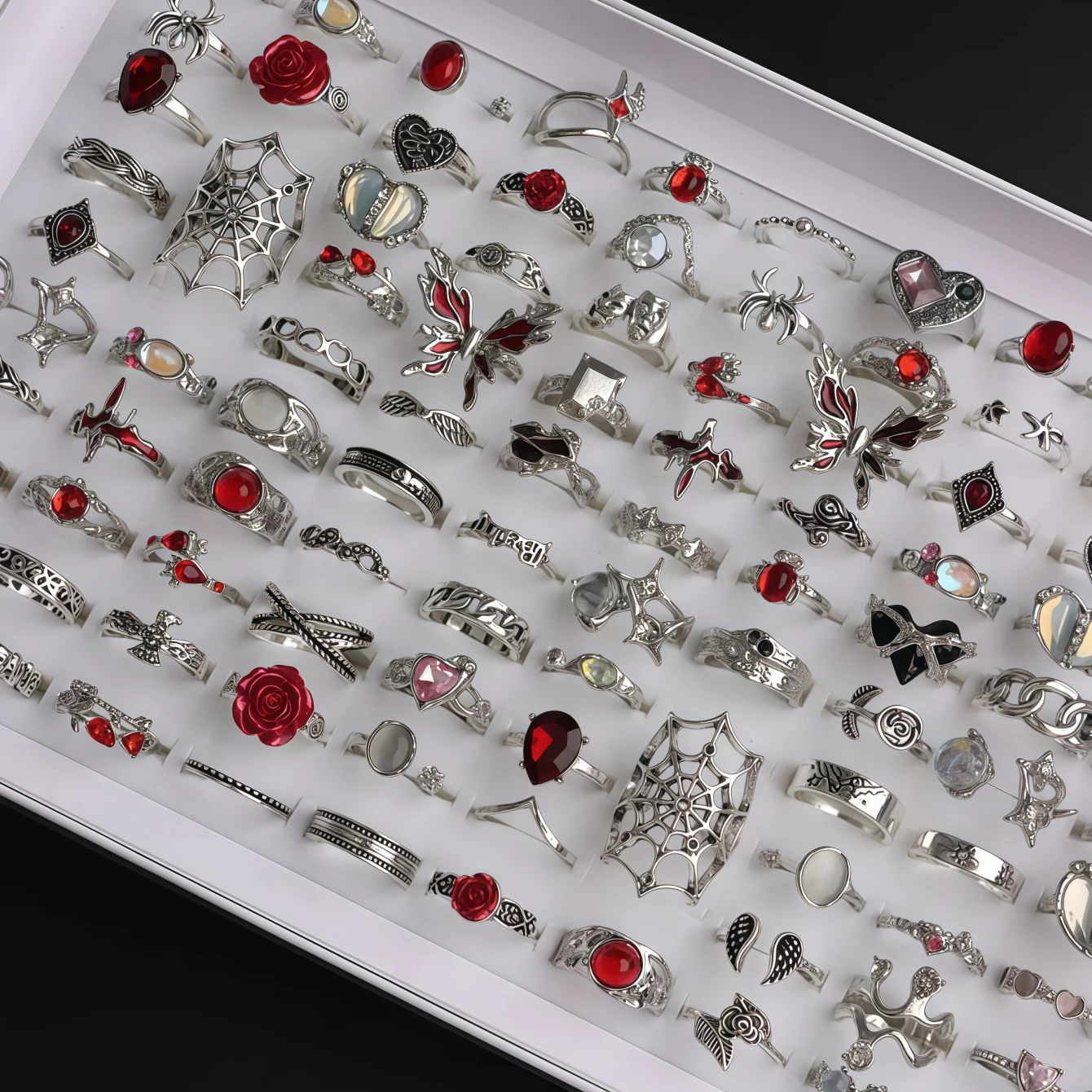 6/8/12/24/36/48/100Pieces Vintage Punk Halloween Rings Set For Women Mix Style Flowers Heart Spider Jewelry Party Gifts view 3