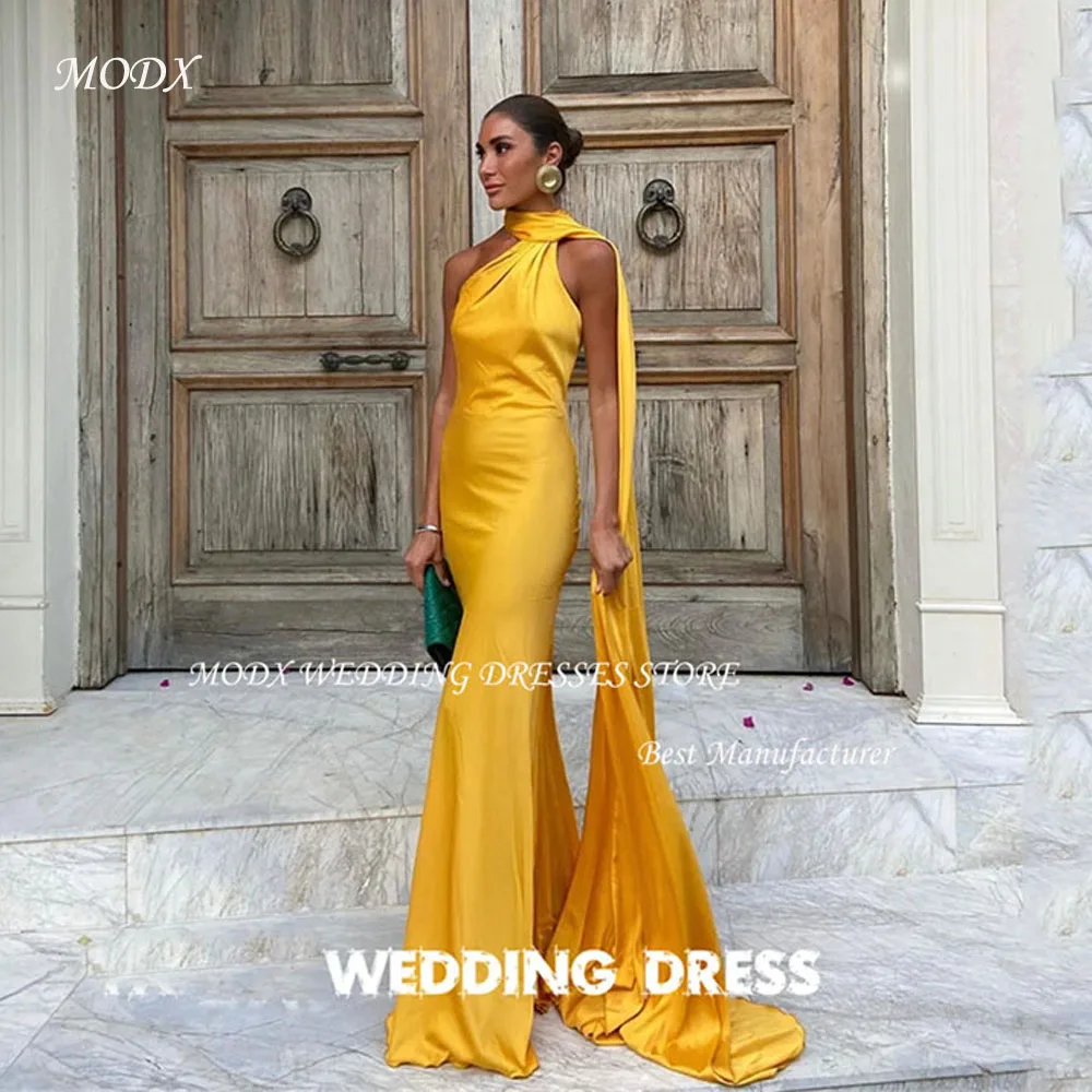 

MODX Sexy Gold Silk Satin Mermid Evening Dresses With Scalf Sexy Backless Sexy Party Dress Arabic Women Prom Gowns Beach