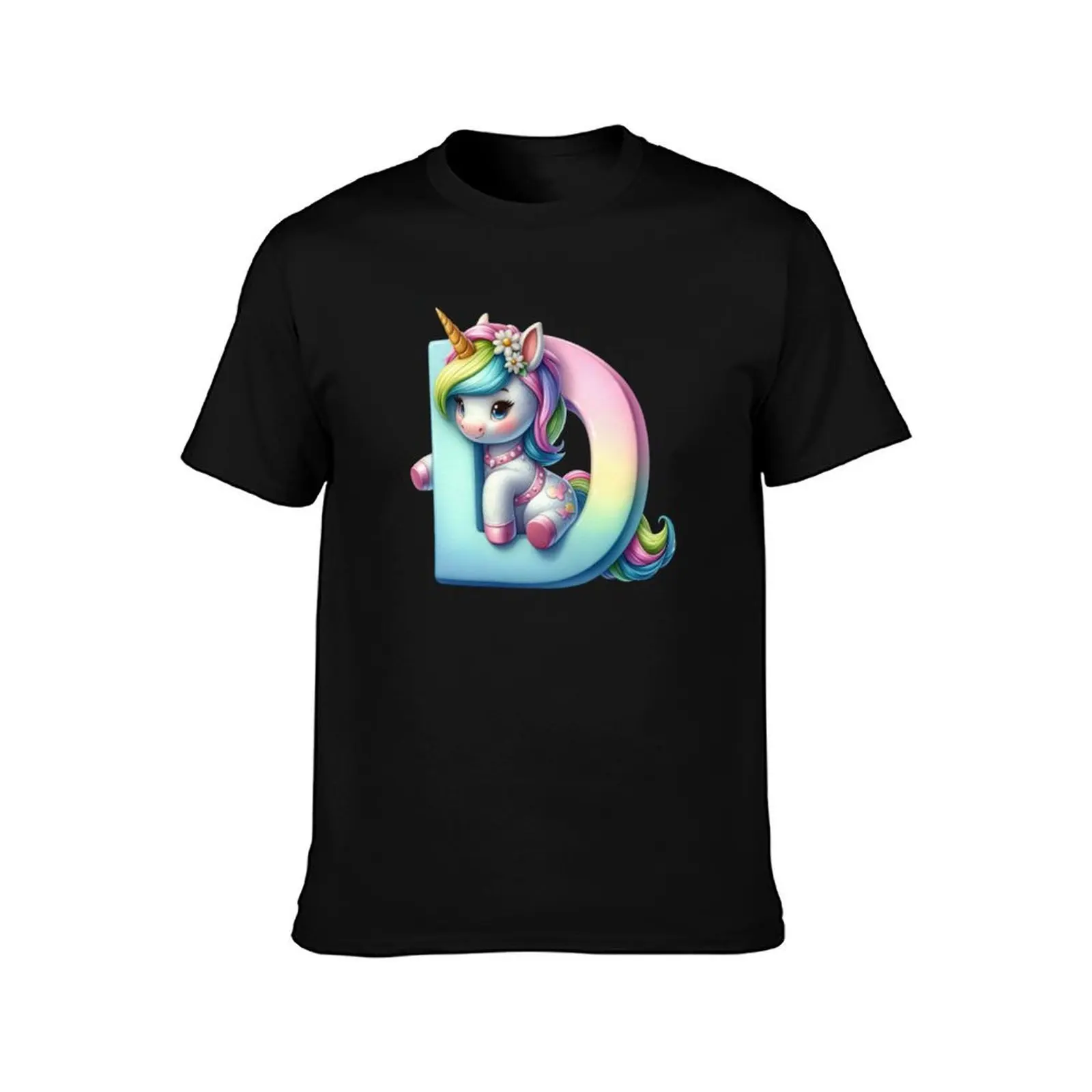 Unicorn kawaii alphabet monogram letter D T-Shirt Summer Casual Cotton Tee Oversized Streetwear Tops Vintage Graphic Print