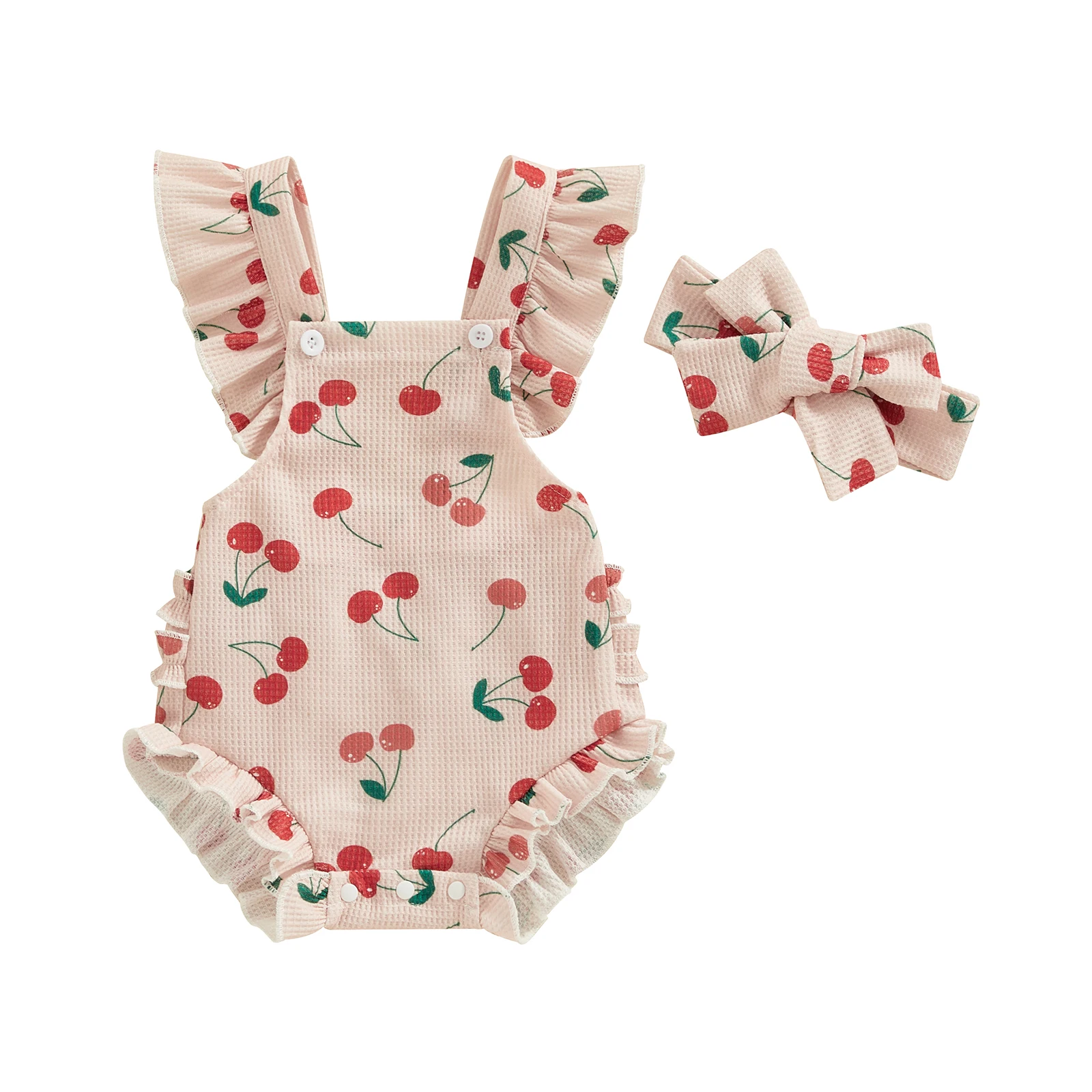 

Baby Girls Romper Bodysuit and Headband Strawberry/Flower/Cherry Print Fly Sleeve Frills Infant Jumpsuit Summer Clothes