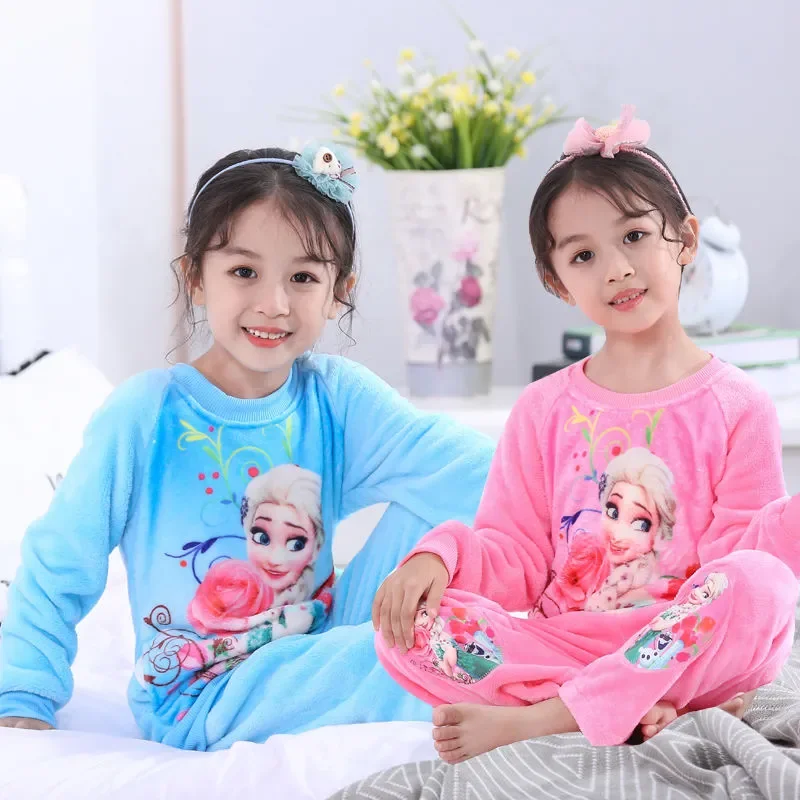 New Autumn Winter Girls Pajamas Sets Children Clothing Frozen Elsa Cartoon Flannel Long sleeves Tops Pants Suits Kids Sleepwear