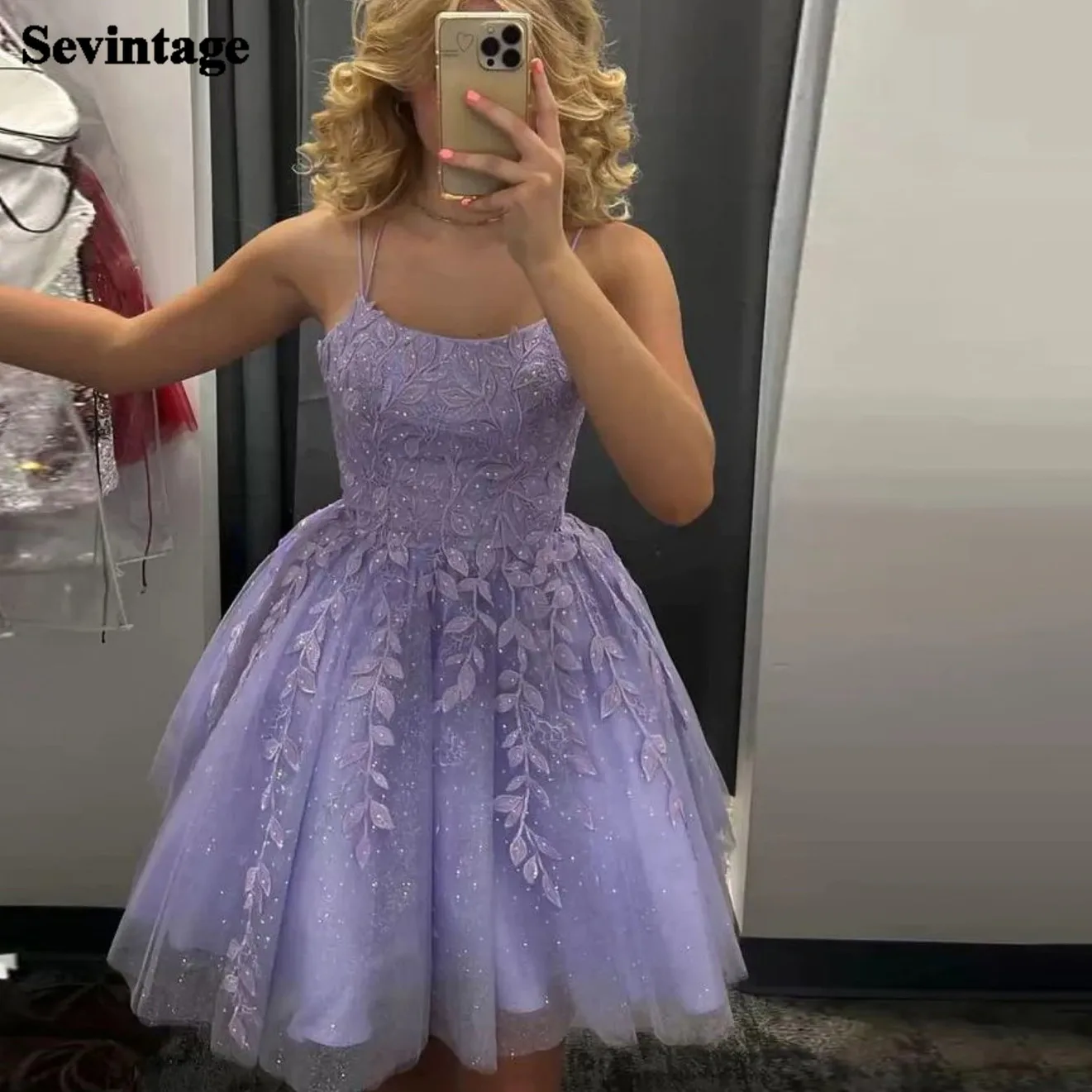 Sevintage Lavender Shiny Tulle krótkie suknie balowe aplikacje koronkowy gorset powrót suknie koktajlowe Homecoming sukienka przyjęcie z okazji ukończenia szkoły