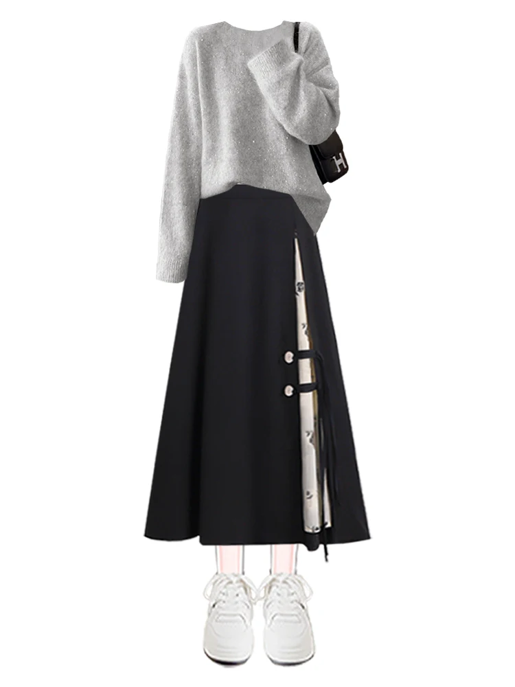 여성용 니트 스웨터와 컬러 블록 스커트 세트 겨울용 하이웨이스트 미디 길이 패셔너블 비대칭 의상