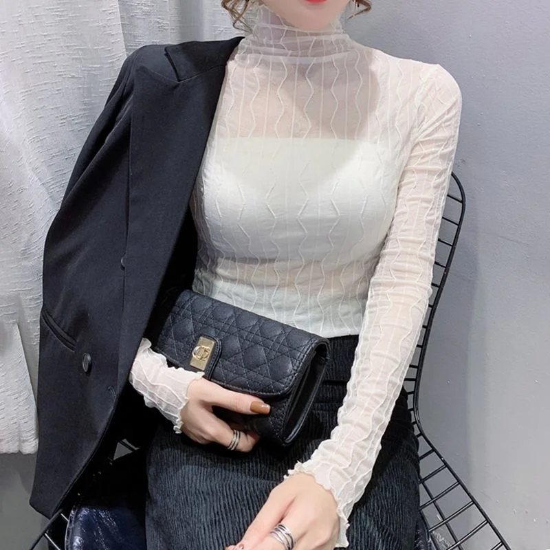 High-neck Mesh Bottom Blouse for Women in Spring and Autumn with 2023 New Style Western-style Transparent Lace