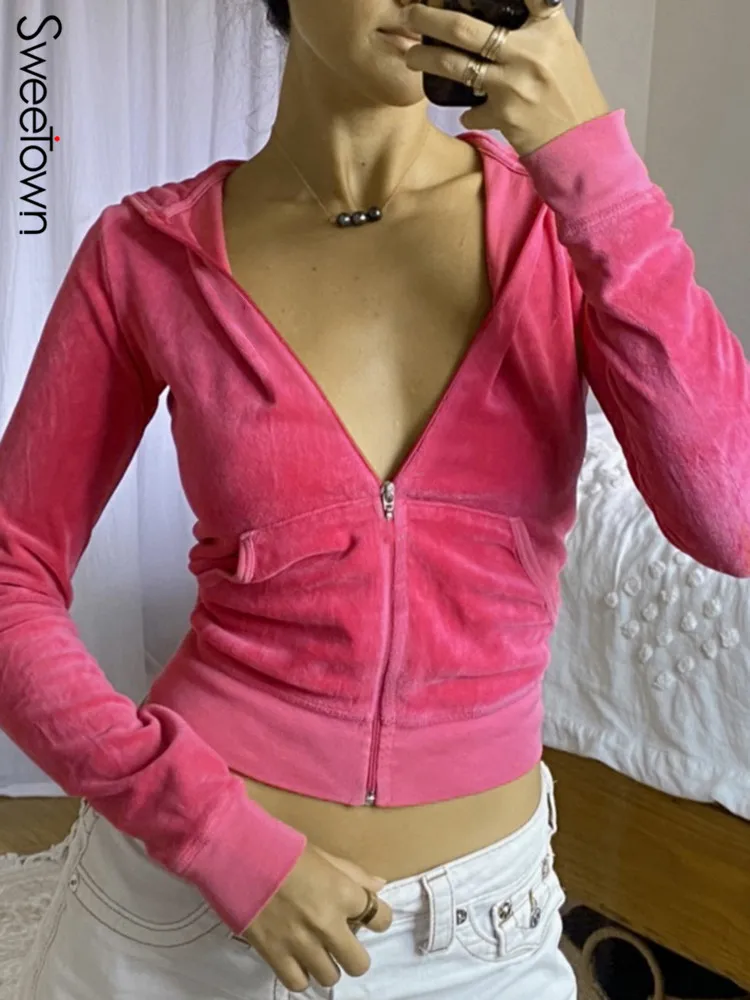 Sweetown Pink Sweet Cute Velvet Y2K Crop felpe con cappuccio donna Zip Up giacca con cappuccio Pullover Vintage estetica Casual felpe verdi