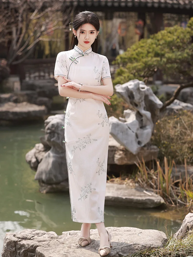 

Flower Print Elegant Chinese Styl Dress Women Vintage Mandarin Collar Cheongsams Elegant Satin Long Qipao