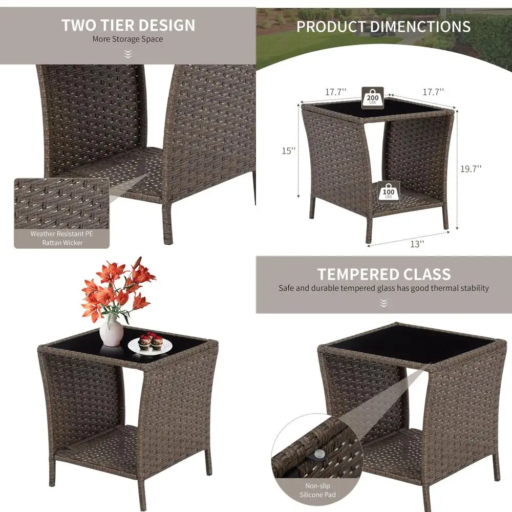 

Плетеный приставной столик для улицы со стеклянной столешницей, для хранения на патио, идеально подходит для балкона и двора