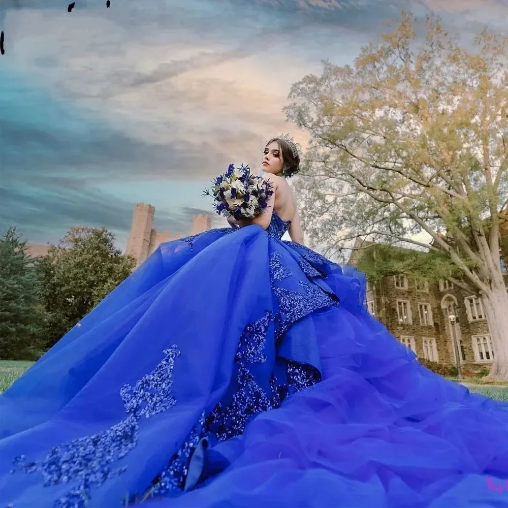 Custom Made Royal Blue Sweet 16 Quinceanera Dresses 2025 Ball Gown Trumpet Sleeves Applique Mexico Vestidos De 15 Años