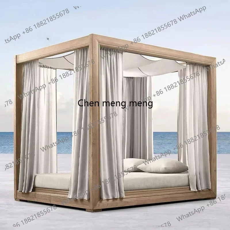 Outdoor White Canopy Pool Lounge Chair Wooden Hotel Luxury Teak Wood Cabana Aluminium Rattan Sun Lounger With Shade  A178