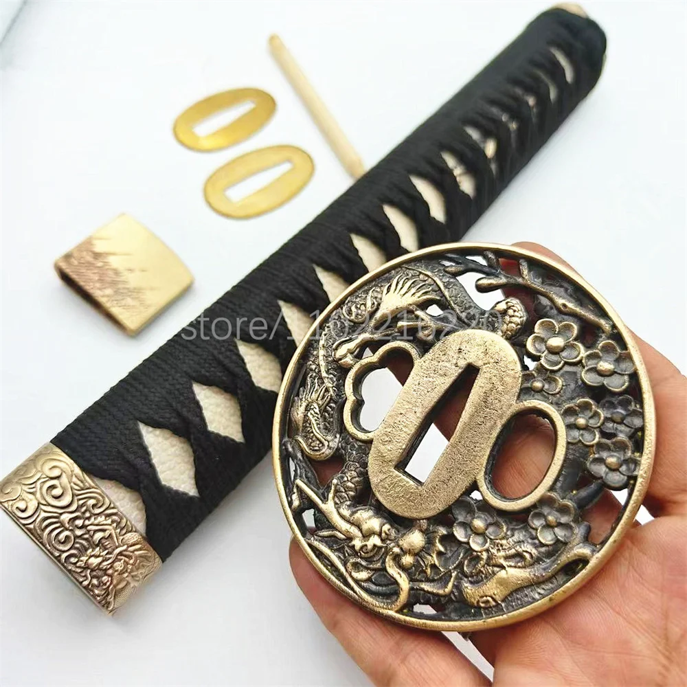 A Set Nice Dragon Handle Real Rayskin Tsuka Copper Brass Handguard Tsuba Habaki Seppa For Japanese Samurai Katana Sword Fittings