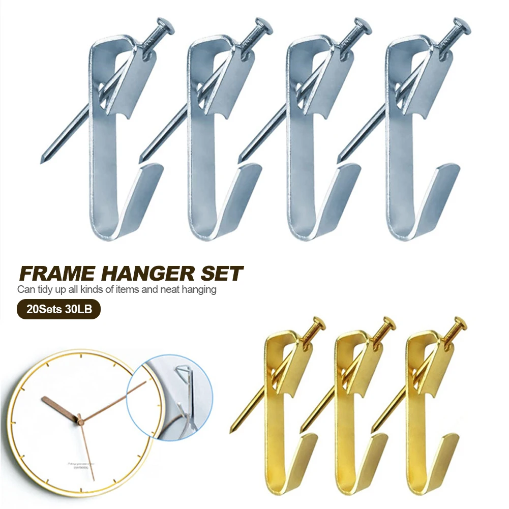 

20Sets 30LB Golden Heavy Duty Picture Hangers With Nails Photo Frame Hooks Drywall Oil Painting Mirror Picture Hanging Hook