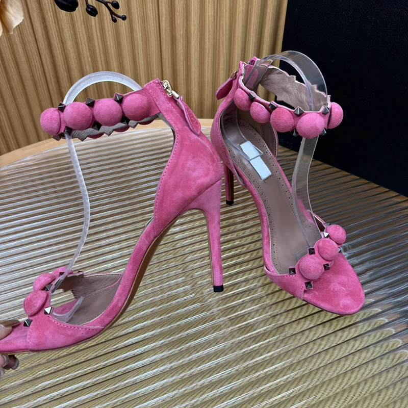 Pompoms Rivet Studed Women Sandals Open Head Stiletto Heels Ankle Strappy Fashion Sexy Lady Party Banquet Shoes Summer Footwear