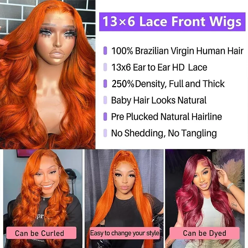 36 بوصة الزنجبيل HD الدانتيل الباروكة الأمامية 13x6 شعر الإنسان الجسم موجة 350 الملونة الزنجبيل البرتقال باروكة من شعر طبيعي قبل قطعها مع شعر الطفل